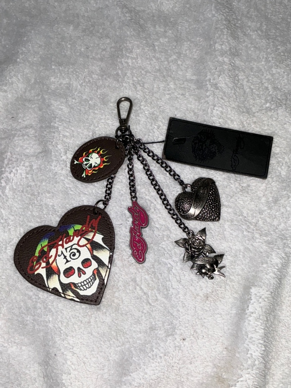 Ed Hardy Brown Heart Skull Multi-Charm Keychain with Pink Logo Accent